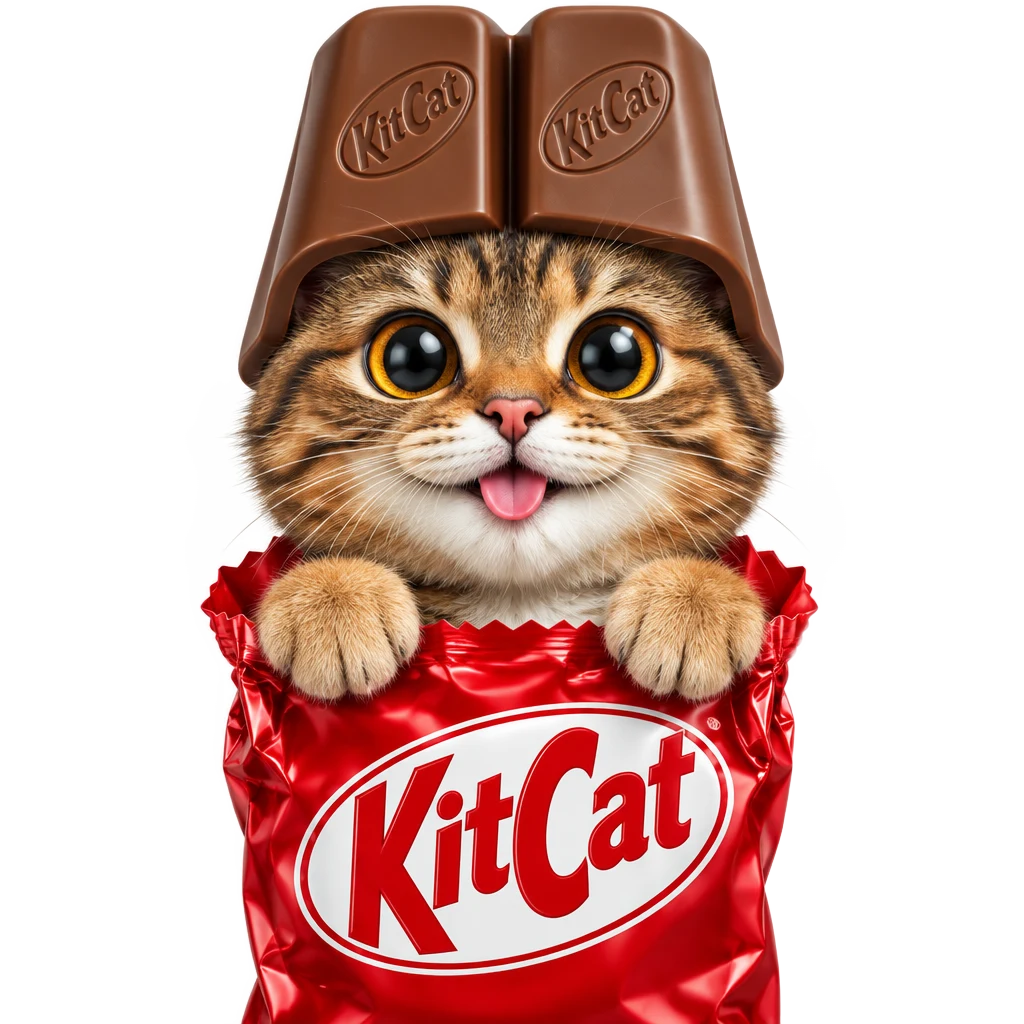 KitCat, a tabby cat wearing a chocolate bar as a helmet, wrapped in a red KitCat wrapper